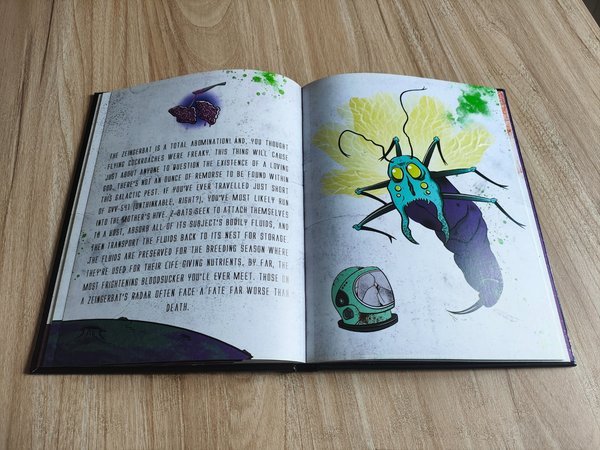 Hardcover lying flat, full bleed color illustration running across the spread Hardcover lying flat, full bleed color illustration running across the spread